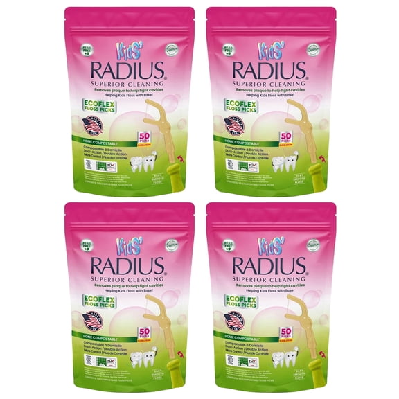 RADIUS Bubblegum EcoFlex Compostable Floss Picks Kids for Oral Care Boost Non Toxic Tooth & Gum Protection (50 Single Use Dual Action Flossers per Pack) - Pack of 4