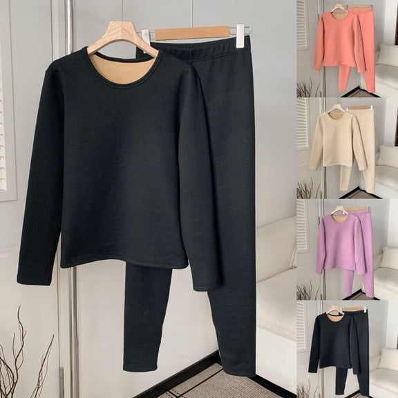 RongHuan Thermal Pajiama Set for Women Fleece Lined Long Sleeve Crewneck Top and Bottom Set Loose Fit Pants