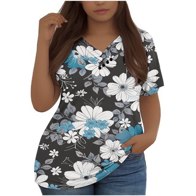 Mujeres Tops Casual Manga Corta V-Cuello Botón Decoración Plisado Blusa para Más Tamaño L-5xl