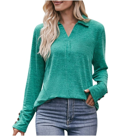 IROINNID Women's Long Sleeve V-Neck Shirts Cotton Shirts for Women Daily Solid Button Long Sleeve V-Neck Long Sleeve Top,Green