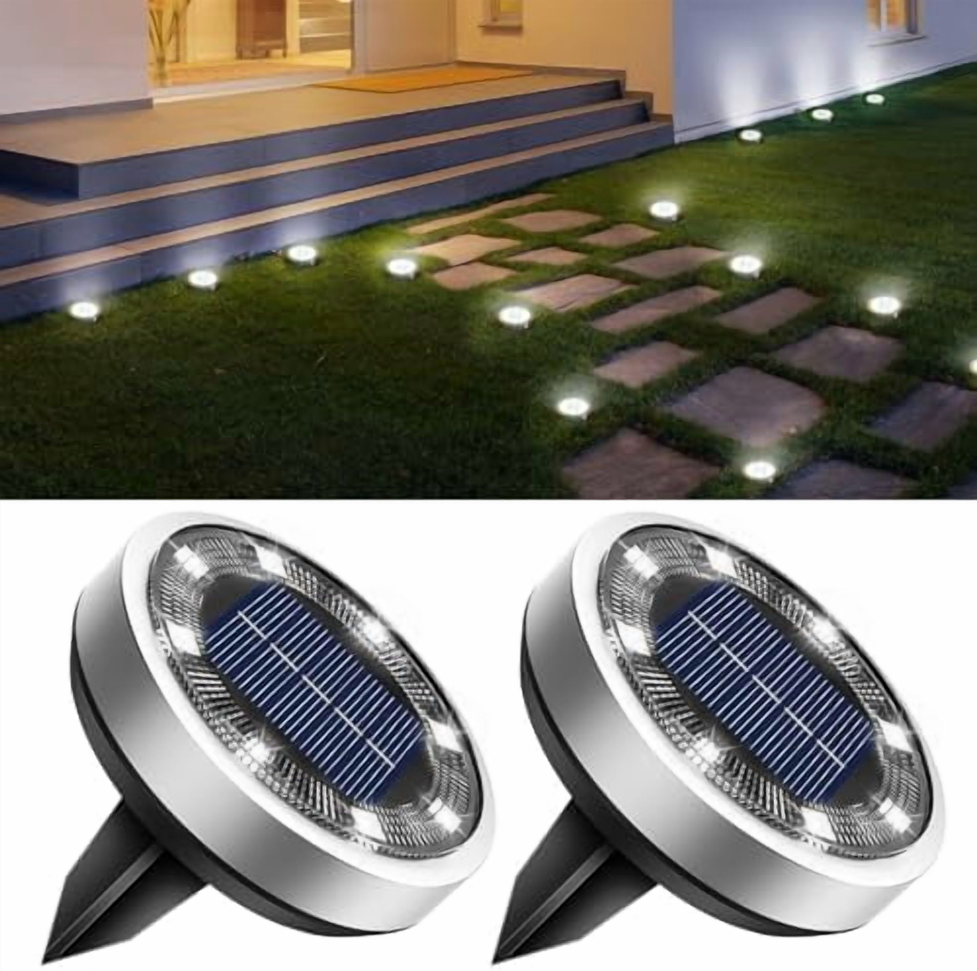 BTFARM Solar Lights Outdoor, 2 Pack 8 Led Solar Ground Lights Ip65 Waterproof Flat Solar Disc Light, Pathway Lights for Garden Lawn Patio Yard Path Landscape, Cool White