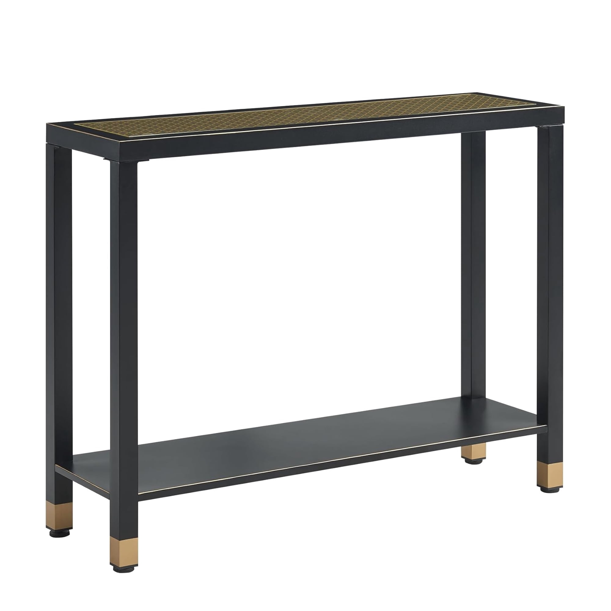2-Tier Glass Entryway Console Table, Narrow Sofa Table with Storage Shelf, Tempered Glass Foyer Table with Gold & Black Metal Frame, Modern Accent Table for Hallway Living Room Corridor Office