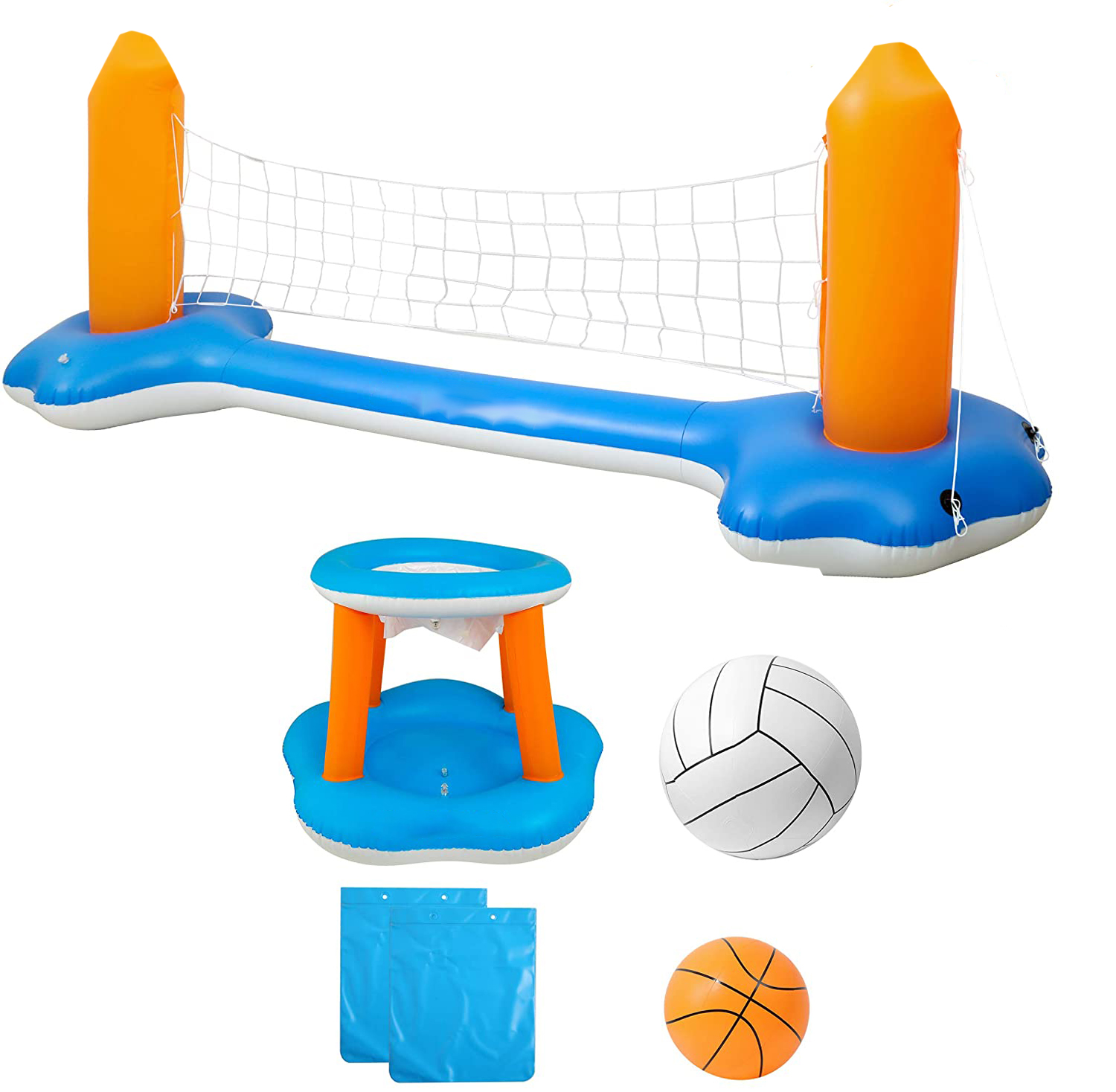 Inflatable Pool Float Set Volleyball Net & Basketball Hoops; Balls ...