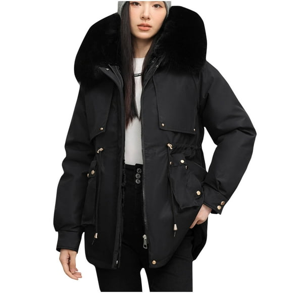 WRKEKC Reversible 2-Way Wear Mid Length Hooded Puffer Jacket Detachable Components Drawstring Waist Thermal Insulated Winter Coat for Versatile Urban Style Black L