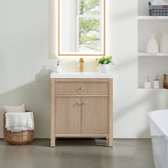 Cerrito 30" Natural Oak Wood Vanity Engineered Stone Integrated Sink no Mirror