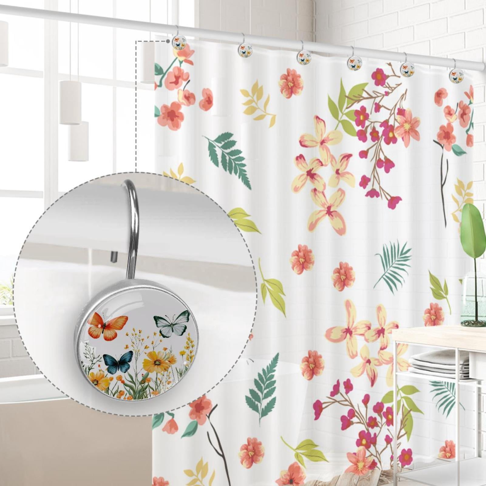 Butterflies Yellow Peony Florals Shower Curtain Hooks Round Crystal Glass, Set of 12 Shower Curtain Rings - Shower Hooks for Curtain Shower Rings