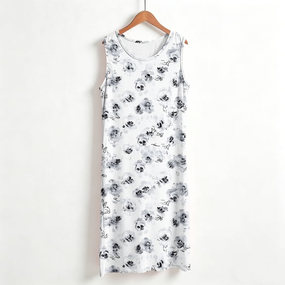 VBVC Women's Sleeveless Floral Print Midi Dress , Ladies' Crew Neck Casual Summer Tank Dress , Stretchy Daily Wear Dresses For Women,Light Blue,S-5XL
