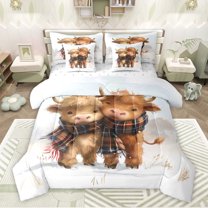 Feelyou Little Highland Bull Bedding Comforter Set 7 Pieces, Kawaii Rustic Cow Full Bedding Set, Cartoon Farm Animal Reversible Fitted Sheet Flat Sheet, Microfiber Bedroom Decor