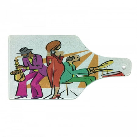 

Music Cutting Board Jazz Band Playing on the Stage with Singer and Illustration of Neon Art Print Decorative Tempered Glass Cutting and Serving Board Wine Bottle Shape Multicolor by Ambesonne