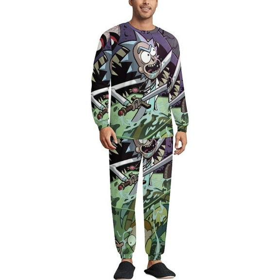 Rick And Morty Men's Lounge Pajamas Set 2-Piece Crew Neck Sleepwear Soft Long Sleeve Top & Pants for Sleep, Home & Vacation S