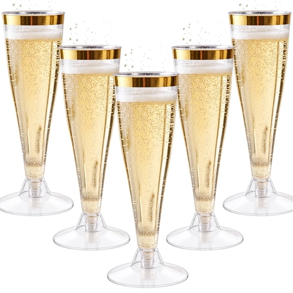 TINANA 40 Pack Gold Rim Plastic Champagne Flutes, 4.5oz Clear Stemmed Party Cups with Detachable Bases for Weddings, Mimosas & Toasts