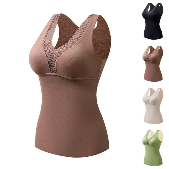 Elainilye Fashion Underscrub for Women Fall Self-heating Lace Warm and Seamless Fleece Bottom Top Cold-proof Underwear Tops,Brown