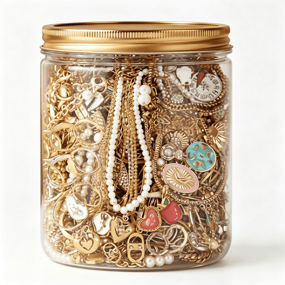 Designice Gold Mystery Jewelry Pack - 10-Piece Mystery Jar Set, Assorted Gold-Tone Earrings, Rings, Necklaces, Gift-Ready Packaging for Women
