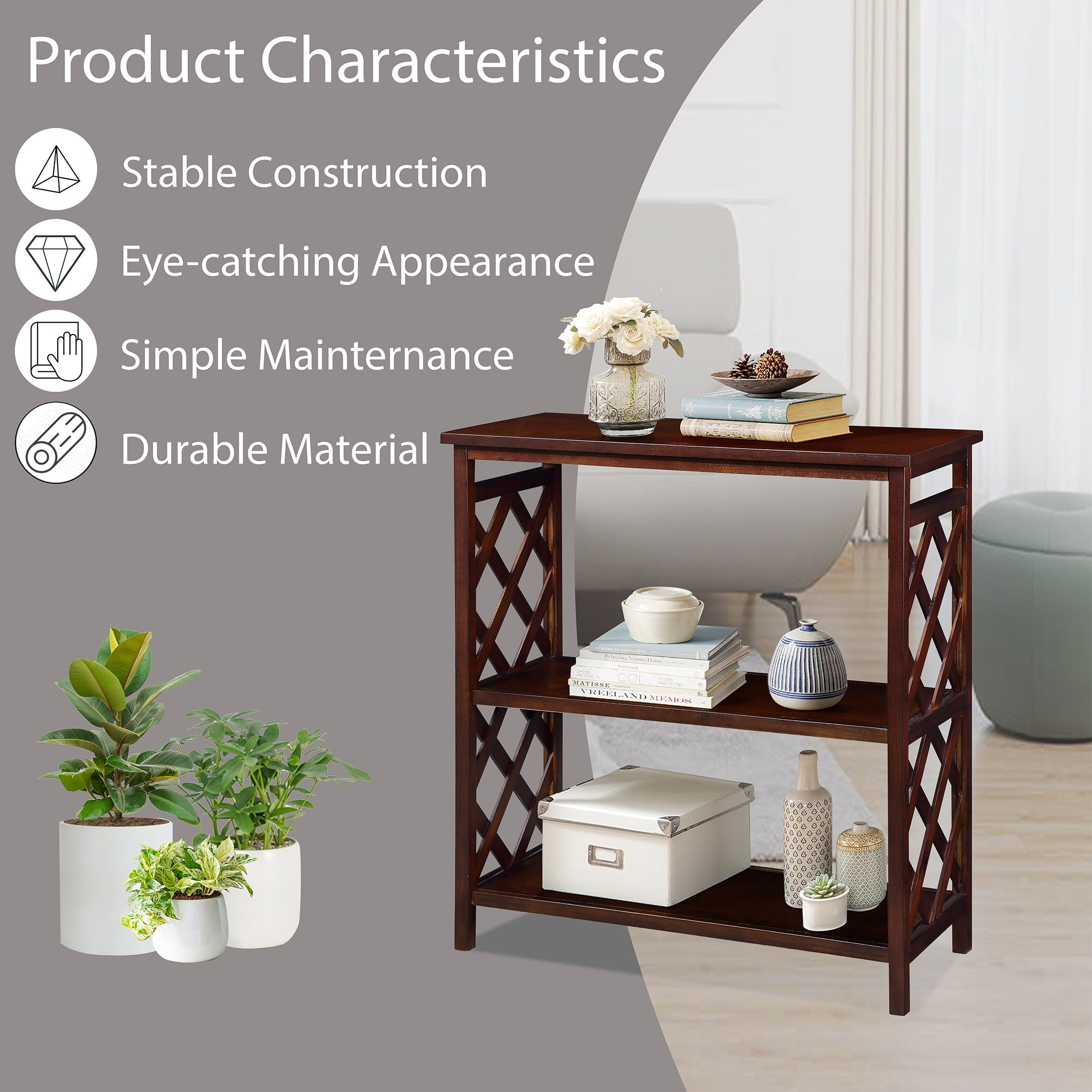 PORKISS 3-Tier Solid Wood Console Table, Entryway Table Hallway Table with Storage Shelves, Open Bookshelf Bookcase for Living Room, Foyer, Cherry