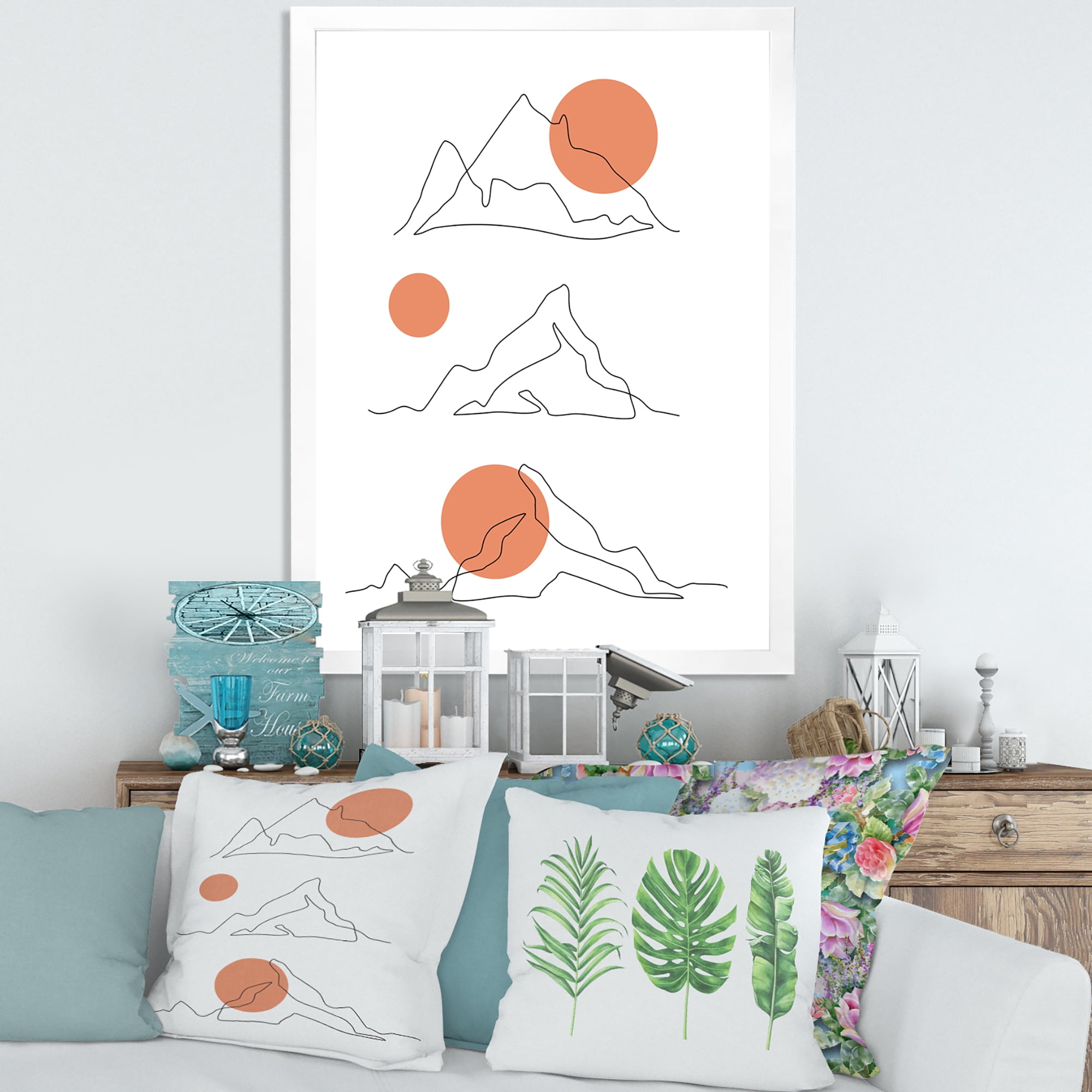 Designart 'Abstract Red Moons With Mountain Range' Modern Framed Art Print