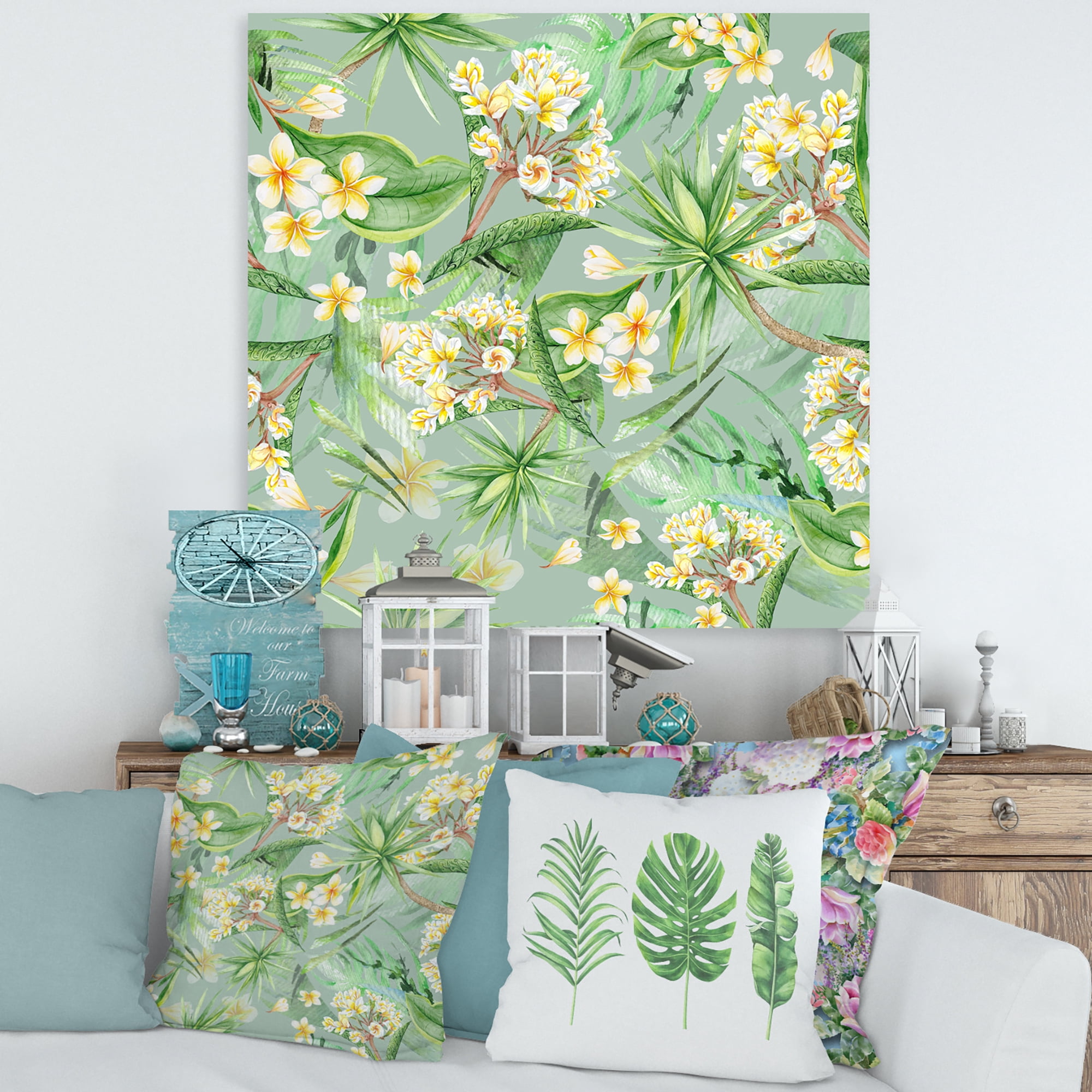 Designart ' Yellow Flowers and Tropical Foliage XIV ' Modern Canvas Wall Art Print