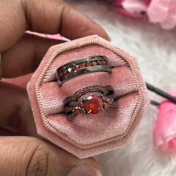 Hitanshu Jewels Red CZ Trio Ring Set | 14K Black Gold Finish 925 Silver | His and Her Matching Wedding Bands