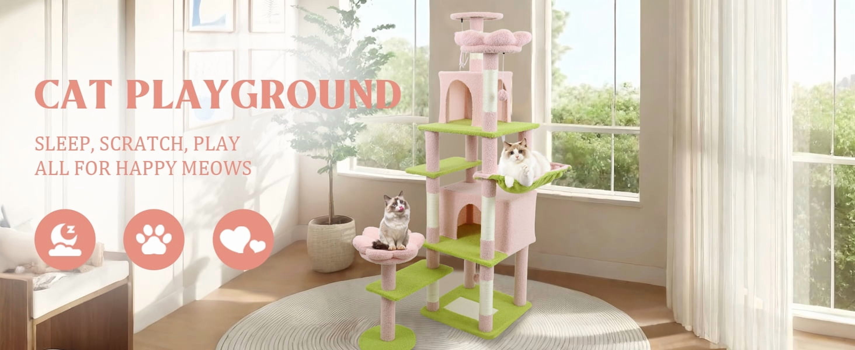 71 Inch Pink Floral Cat Tree, 7-Level Large Cat Tower with Big Condo, Removable Flower Cushion & Hammock, Natural Sisal Scratching Posts for Large Cats & Multi-Cat Homes