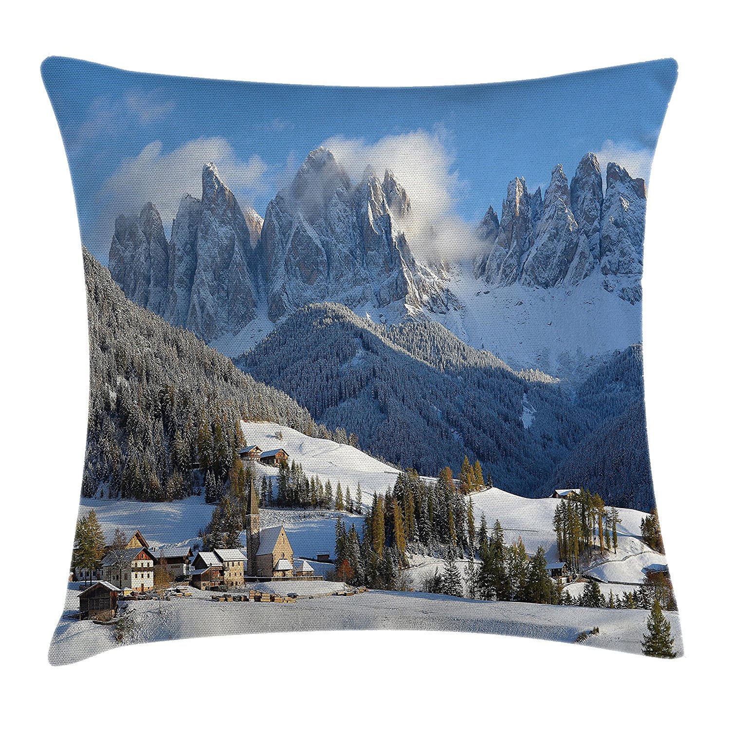 Mountain Throw Pillow Cushion Cover by , Mountain Village Scenery in