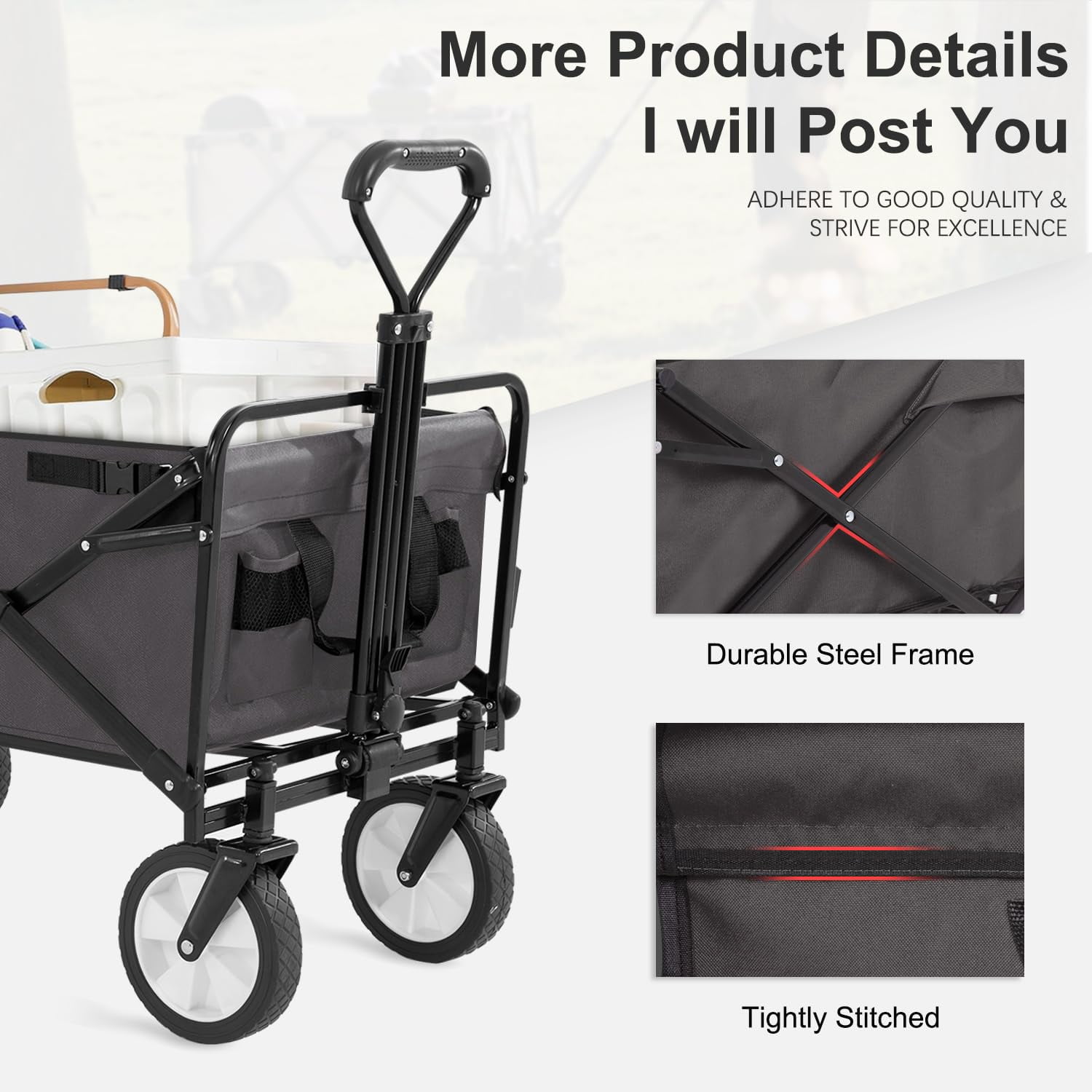 Collapsible Wagon Cart Folding Wagon Heavy Duty Utility Beach Wagon Portable Foldable Garden Cart with All-Terrain Wheels& Adjustable Handle , Grey
