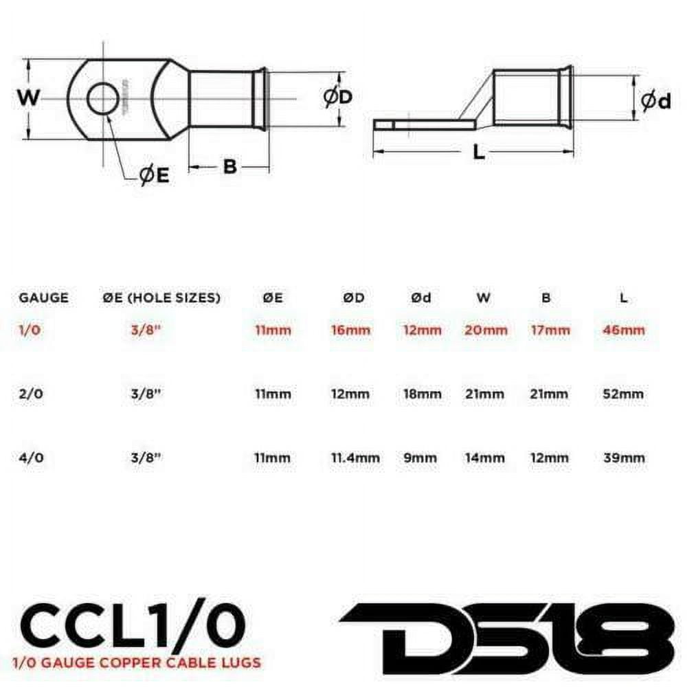 DS18 1/0 Gauge Copper Ring Terminals Lug Wire Connector Pack of 10 CCL1/0 10X