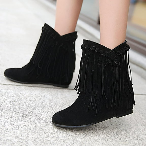 Tejiojio Retro Boots For Women,Vintage Women's Mid Heel Pointed Toe Slip-on Shoes Warm Boots Soild Tassel Shoes Cowboy