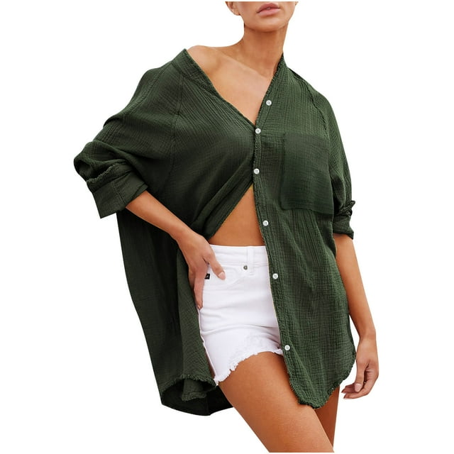 TIMIFIS Womens Oversized Shirts Button Down Long Sleeve Shirt V Neck Collar Loose Flowy Blouse with Pockets-Army Green-XXLFall