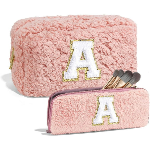 JINCBY Clearance,2 PC Initial Makeup Bag Travel Makeup Bag Makeup Pouch Make Up Bag Cosmetic Travel Bag Lamb Wool Makeup Bag Cute Makeup Bag Beauty Bag Graduation Gifts Gift for Women