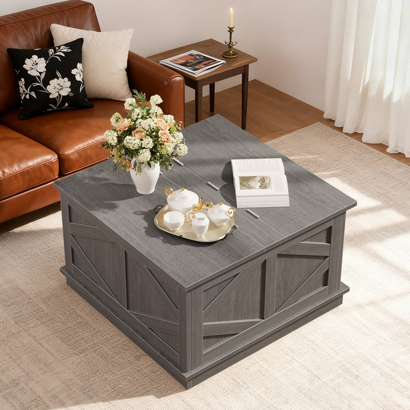 Vineego 31.5 Inch Farmhouse Square Coffee Table with Hinged Lift Top, Hidden Storage Compartment,Gary