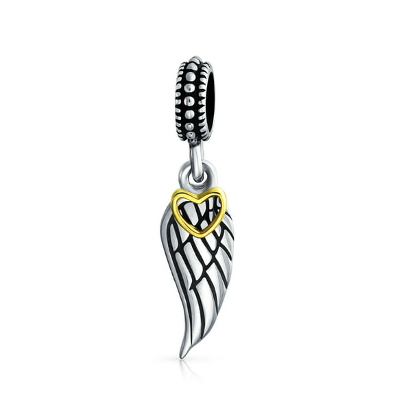 Bling Jewelry Womens Two Tone Heart Dangle Charm Bead with Angel Wing Feather for European Bracelet