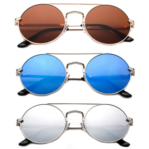 3 Pack Round Metal Frame Circle Rim Dual Bridges Fashion Sunglasses for Women for Men, Gunmetal, Brown & Blue