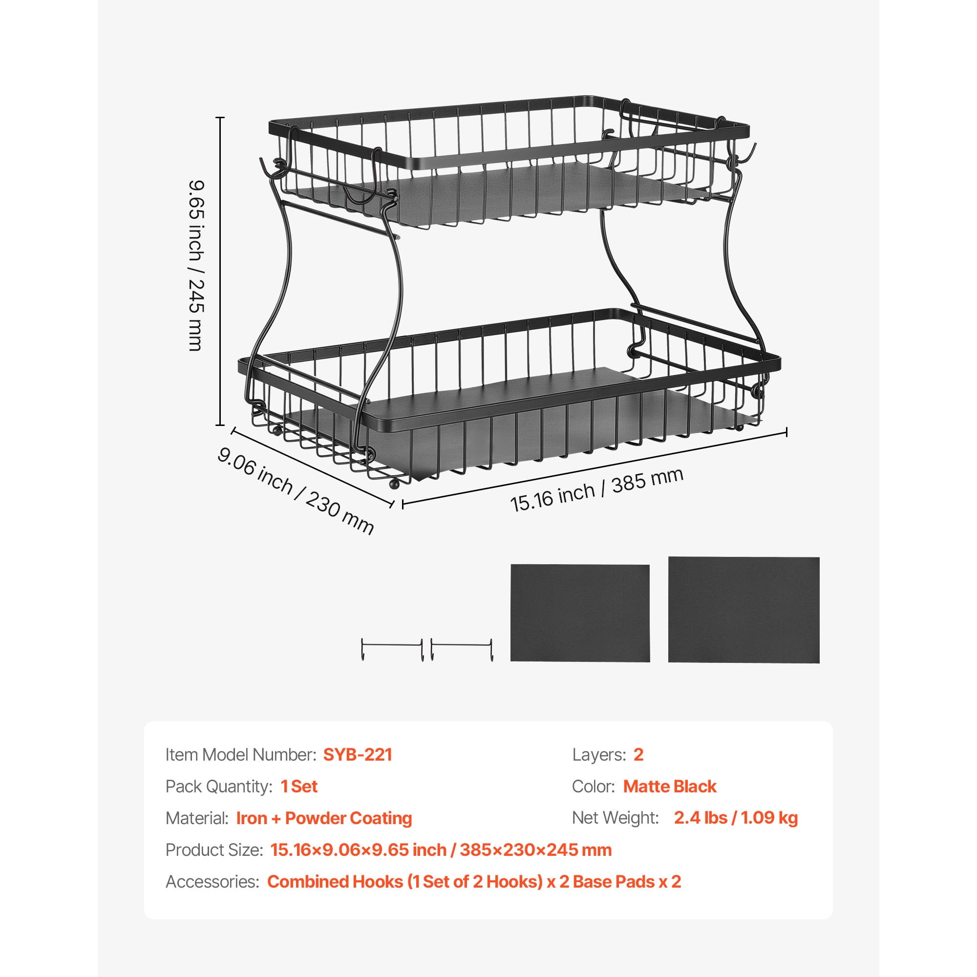 KFFKFF 2-Tier Fruit Basket with Banana Hooks, Metal Wire Storage Organizer for Kitchen Counter, Detachable and Stackable Holder for Fruits, Vegetables, Bread, and Snacks, Black