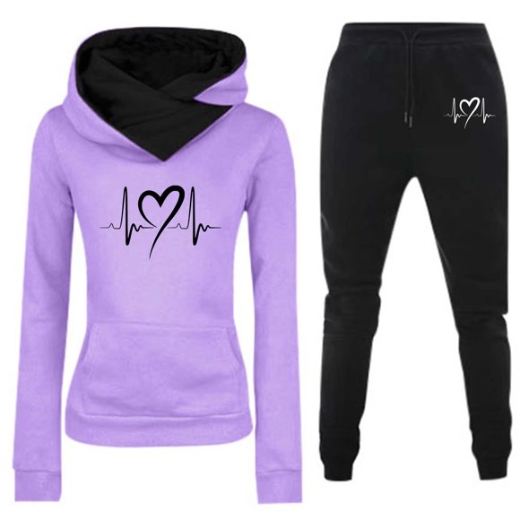 MKLEKYY Womens Fall Clothing Trendy 2024 Women's Hoodie Tracksuit with Heartbeat Print Sweatshirt and Long Pants Set Pantalon Habille