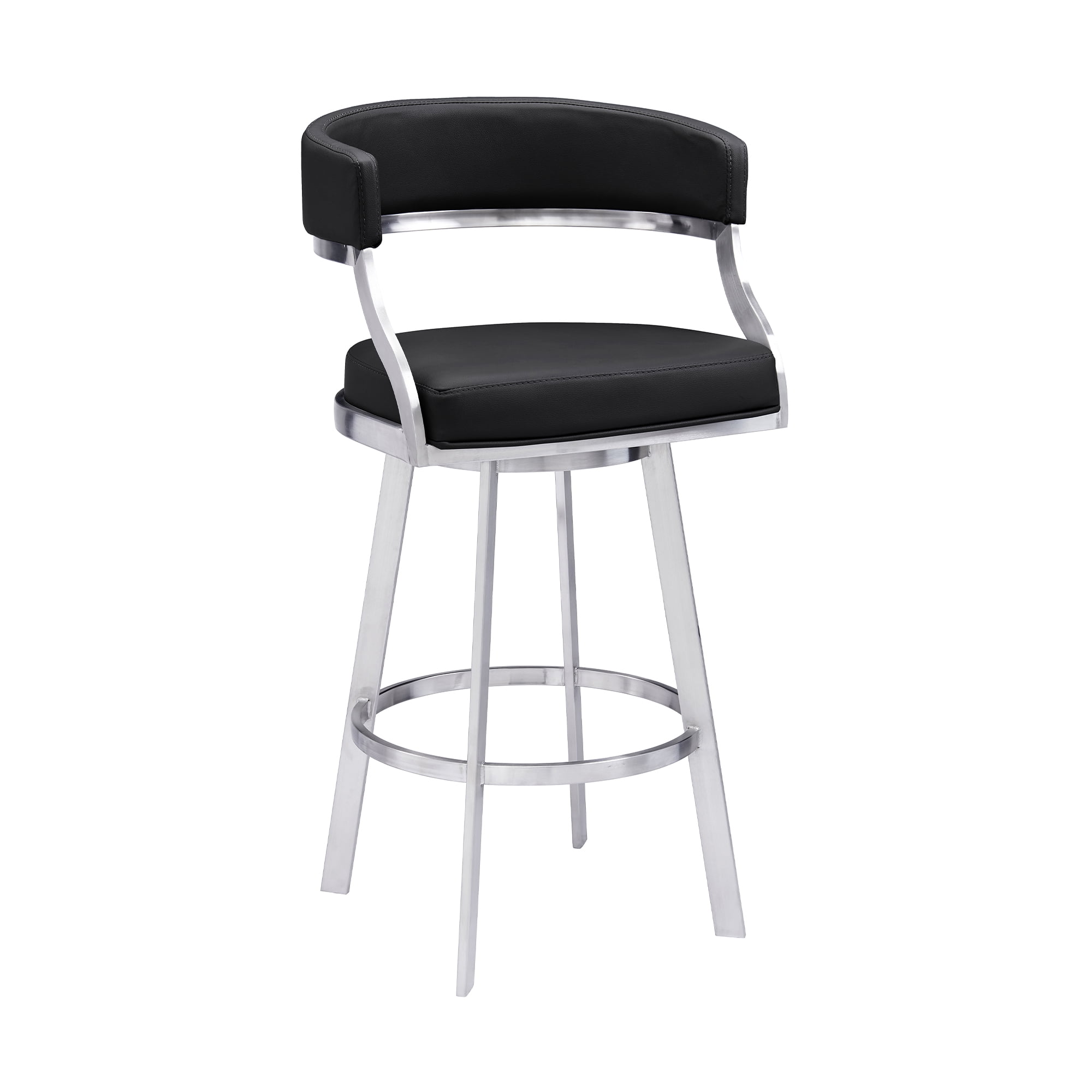 Saturn Modern 26" Seat Height Black Faux Leather and Brushed Stainless Steel Metal Swivel Bar Stool for Kitchen Island Counter