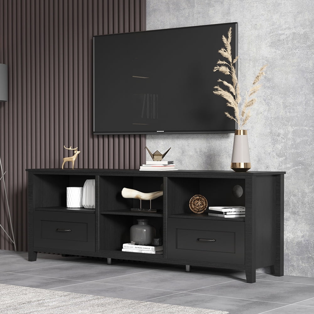 Kadyn 70.08 Inch Length Black TV Stand, Media Console Cabinet Entertainment Center with 2 Drawers and 4 High-Capacity Storage Compartment, Modern TV Stand for 60" TV