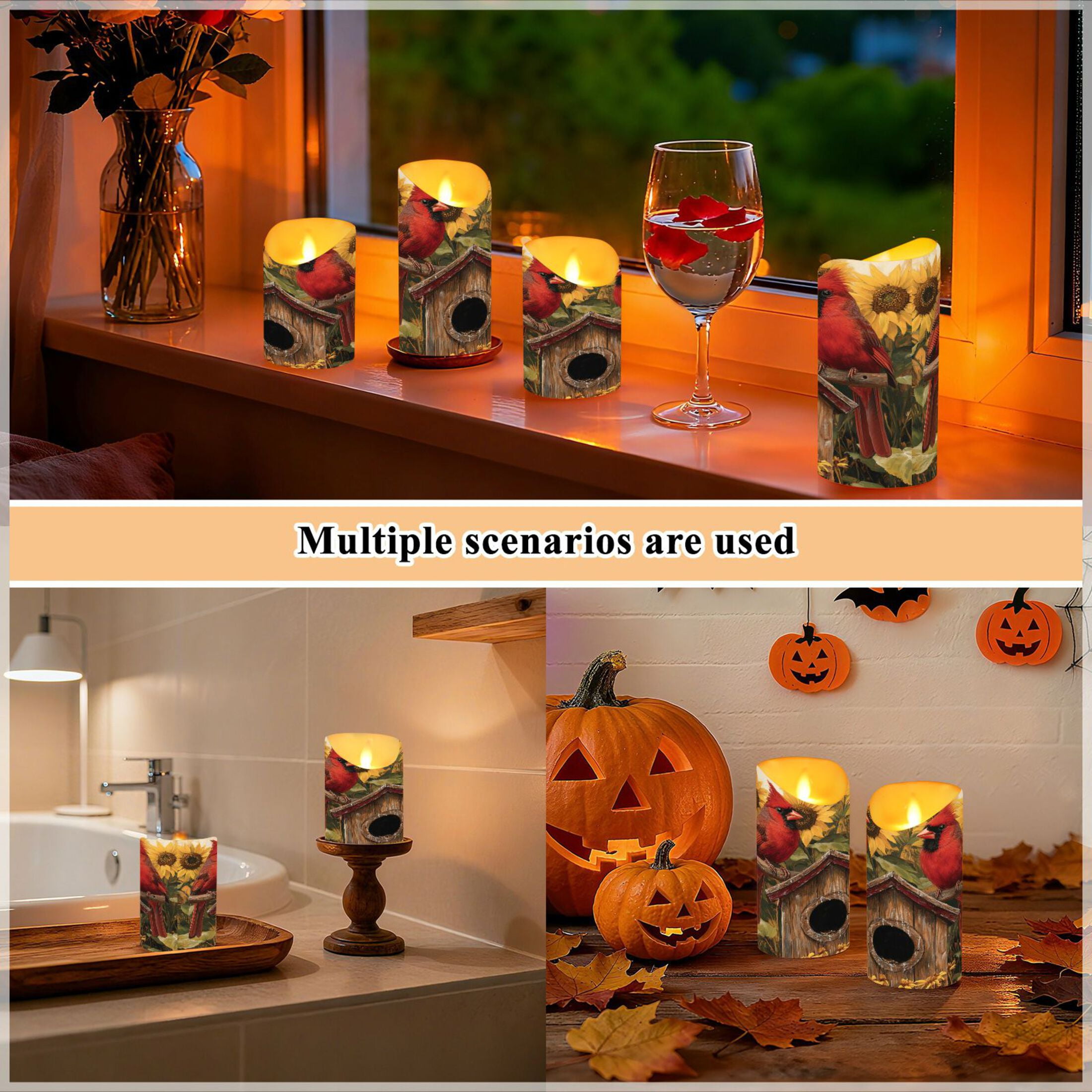 Wobogo Summer Sunflowers Cardinal Bird Flameless Candles with Remote Battery Operated Flickering LED Candles with Timer 2/4/6/8H Medium Size
