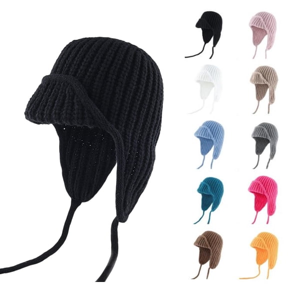 Winter Wool Knitted Hat Adjustable Drawstring Dual Purpose Earflap Hat and Knitted Bag Slouch Beanie Baggy Skull Cap Black One Size