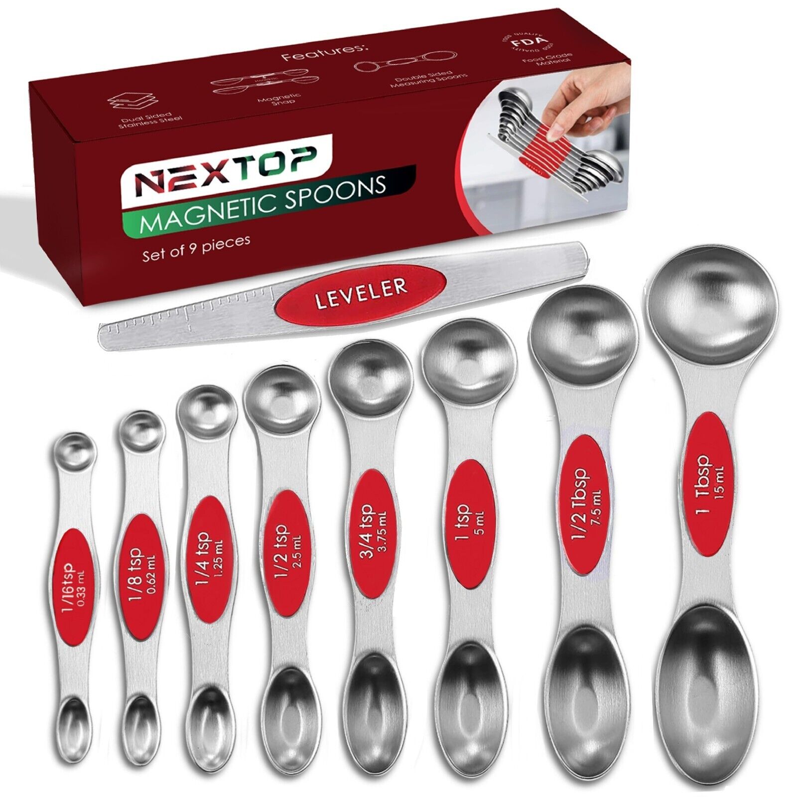 Measuring Spoons Set of 9 Stainless Steel Dual Sided Stackable