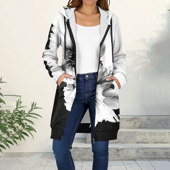Guieoi Women's Winter Sweatshirts Plus Size Long Length Casual Zipper/Open Front Graphic Print Long Sleeve Hooded Jackets with Pockets