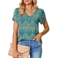 thumbnail image 2 of Women's V-Neck T-Shirt, Short Petal Sleeves, Back Pleated Midline, Loose Fit, Casual Blouse, Khaki/Blue, Size M, 2 of 5