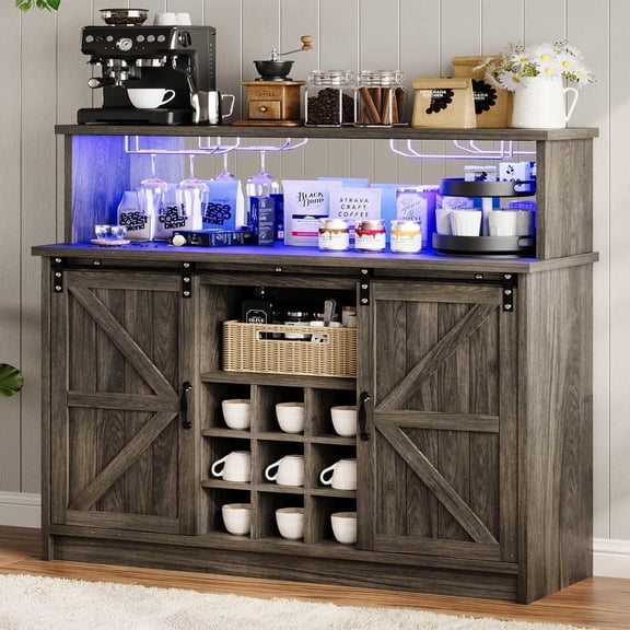 4ever2buy Farmhouse Coffee Bar with LED Lights, 47 inch Coffee Bar Cabinet with Storage, Wine Bar Cabinet with Glass & Wine Racks for Living, Dining Room, Grey