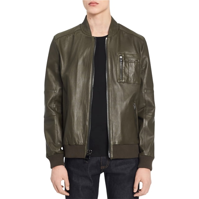 Chaqueta Bomber de Cuero Genuino Calvin Klein para Hombre Verde X-Small