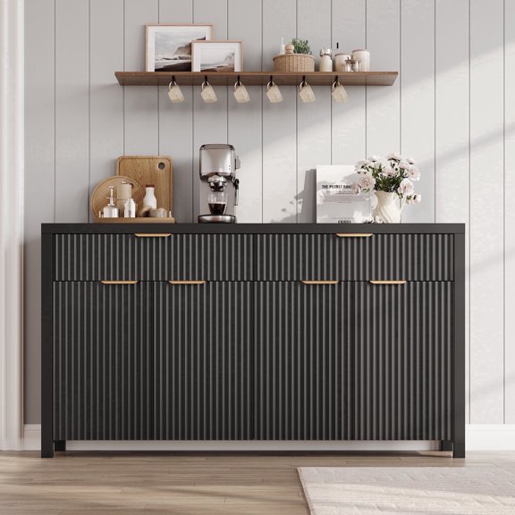 Laintene Sideboard Cabinet, 55" Fluted Buffet Cabinet with Storage Drawers, Modern Accent Storage Cabinet with Adjustable Shelves, Wood TV Stand for Kitchen, Dining Living Room, Entryway, Black