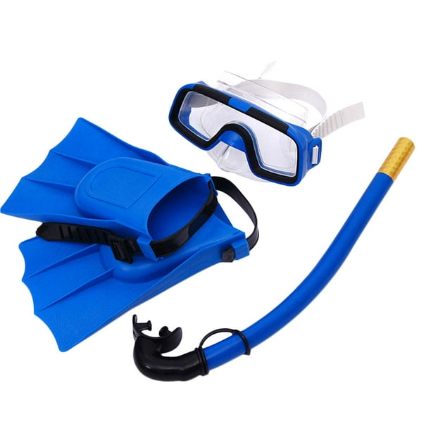 EeaseMX Gafas de buceo para niños, kit de esnórquel para exteriores, tubo de respiración, aletas de silicona, máscara de buceo (azul)