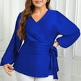 thumbnail image 4 of Fesfesfes Women's Plus-Size Wrap Tops Deep V-Neckline Lantern Sleeves Blouses Tied Waist Detail Stretch Fabric Elegant Comfy Clothes(Blue,XL), 4 of 6