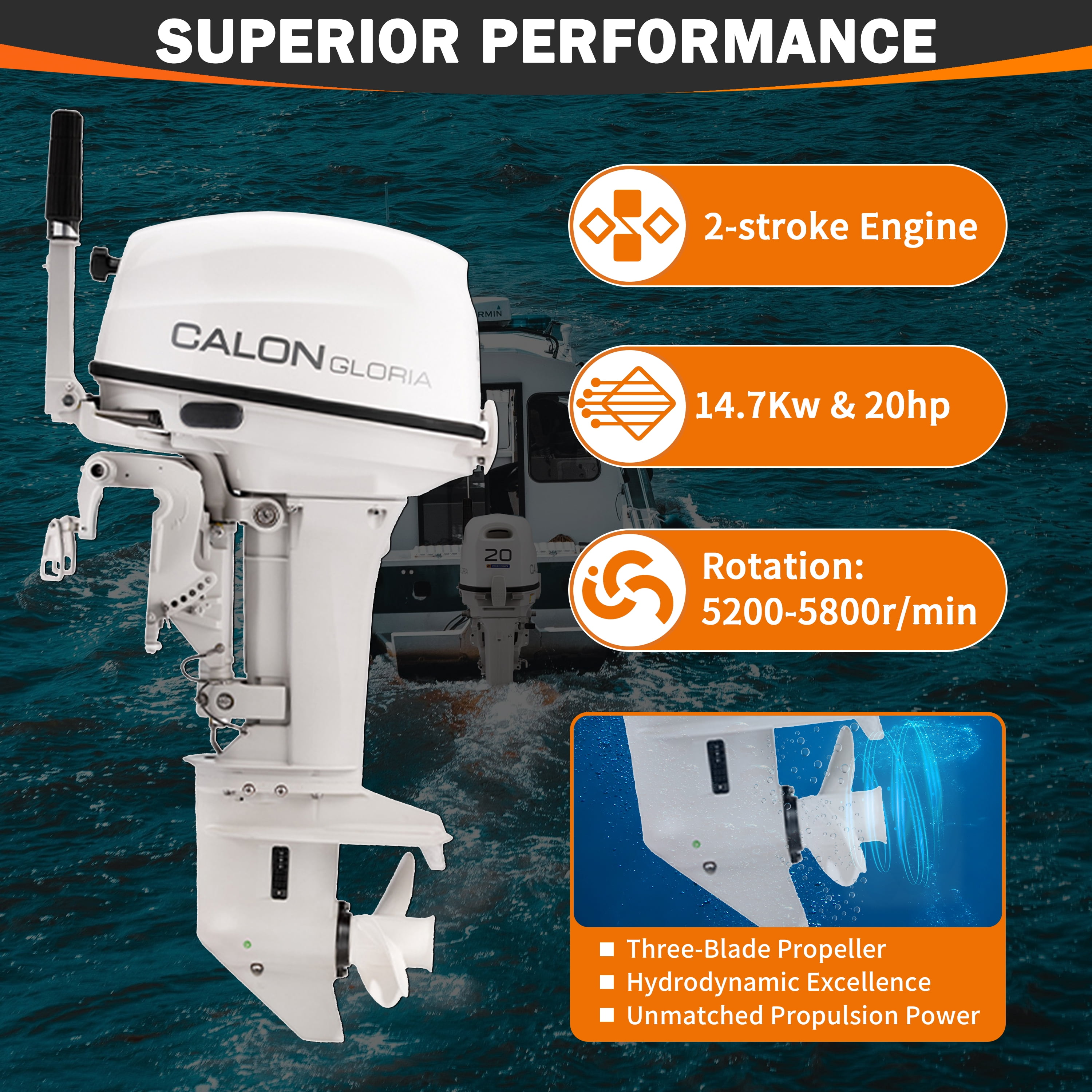 2 Stroke 20HP Calon Outboard Motor with Fuel Tank, 326cc Heavy Duty Long Shaft Fishing Boat Engine with Water Cooling System & CDI Ignition System for Inflatable Boat Kayak Canoe Sailboat