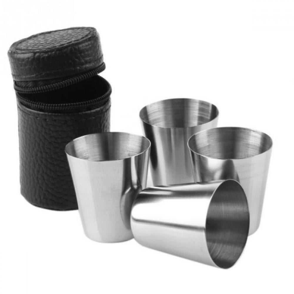 4pcs Stainless Steel Shot Glass Cup Drinking Mug w/ PU Leather Cover Case Travel 