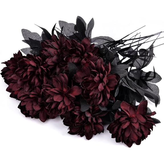 10 Pack Artificial Silk Dahlia Bouquet with Long Stem, 16” Wine Red Fake Flower Floral Arrangements Wedding Bridal Bouquet for Halloween Harvest Festival Table Centerpieces Home Decor
