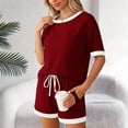 thumbnail image 5 of Plus Size Two Piece of Outfits for Womens Summer Crew Neck Short Sleeve Ribbed Contrast Drawstring Shorts Casual Loungewear 2 Piece Set, 5 of 5