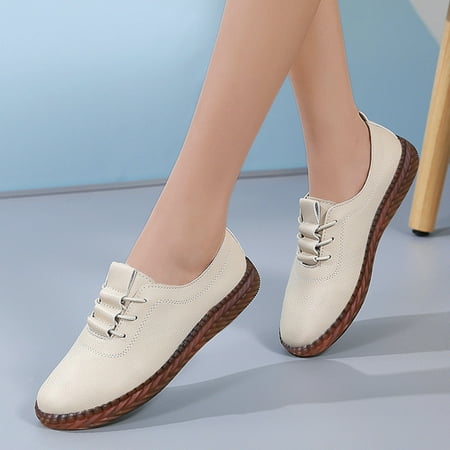 

fashion spring and summer women casual shoes flat soft sole lace up solid color leather shoes